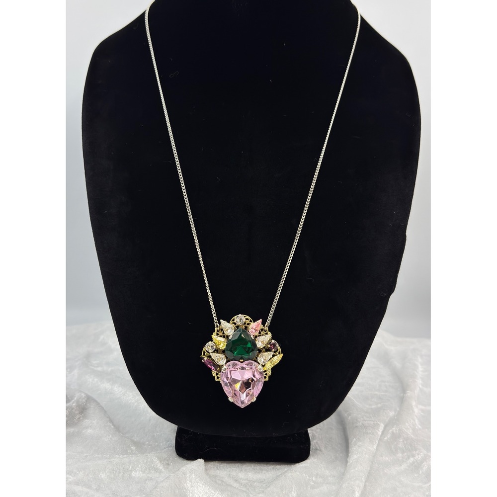 Anton Heunis Statement Necklace Pink Heart Emerald Crystal Gold Tone‎ Filigree